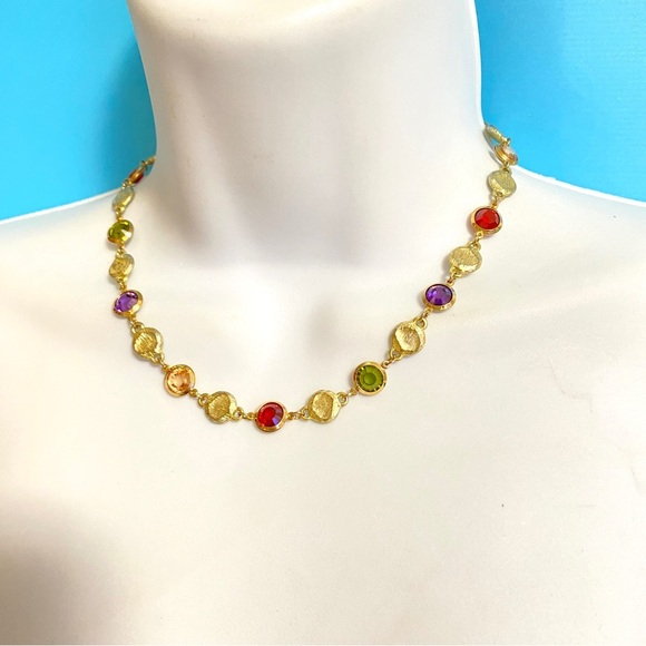 Gold Tone Multi Colored Faceted Glass Bezeled Necklace - Picture 5 of 7